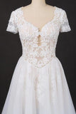 A-line Short Sleeves Beads V Neck Lace Applique Wedding Dresses, Bridal Dress STK15051