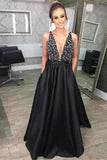 2024 Prom Dress V Neck Satin With Beads And Sequins P9CF6DSC