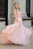 Sexy Spaghetti Straps Pink Tulle Long Prom Dress With Appliques