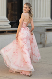 Sexy Spaghetti Straps Pink Tulle Long Prom Dress With Appliques