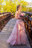 Sexy Spaghetti Straps Pink Tulle Long Prom Dress With Appliques