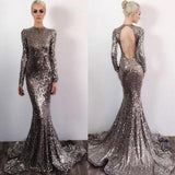 Long Sleeve Sequin Open Back Mermaid Shinny High Neck Floor-Length Prom Dresses