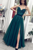 Charming A Line Tulle Spaghetti Straps Beading Prom Dresses Evening STKP6CP4ZJB