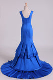 2024 Dark Royal Blue Off-The-Shoulder Mermaid Prom Dresses Sweep Train Satin Zipper PKA7Q94B