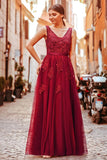 Elegant V Neck Burgundy Beads Appliques Lace Evening Dresses, Long Prom Dresses STK15211