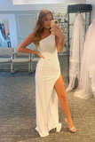 One-Shoulder Simple Pearl White Evening Dress