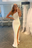 One-Shoulder Simple Pearl White Evening Dress