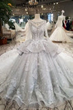 2024 Silver Wedding Dresses Ball Gown Long Sleeves Royal Train Top Quality Lace P3JMLBXD