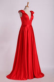 2024 Evening Dress V-Neck Bubble Shoulder A-Line Satin PZGP88M3