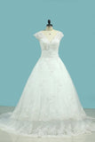 2024 A Line V Neck Wedding Dresses Tulle With Applique And Beads PEG67FLZ