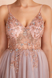 A-Line V-Neck Pink Tulle Prom Dress Side Split Backless Evening Dress