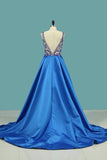 2024 V Neck Prom Dresses A Line Open Back Satin PAMNJA9X