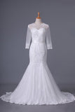 2024 Scoop 3/4 Length Sleeve Mermaid Wedding Dress Tulle With Sash PEMET5DP