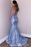 Glitter Spaghetti Straps V Neck Blue Mermaid V Neck Prom Dresses, Party STK15647