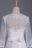 2024 Scoop 3/4 Length Sleeve Mermaid Wedding Dress Tulle With Sash PEMET5DP