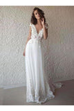 A-Line V-Neck Cap Sleeves Tulle Beach Wedding Dresses PHY32ZCJ