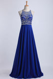 2024 Halter A-Line/Princess Prom Dresses Tulle And Chiffon Dark Royal Blue Sweep PE3XMX6Z