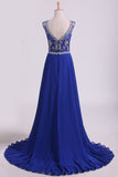 2024 Dark Royal Blue A-Line Bateau Sweep Train Chiffon&Lace Prom Dresses With P811FTLD