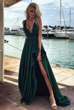 2024 V Neck A Line Satin Prom Dresses With Slit PR81YBZ5