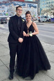 Charming A Line Black Spaghetti Straps Tulle V Neck Prom Dresses, Long Evening Dresses STK15501