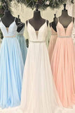 Gorgeous Straps Light Sky Blue Chiffon V-Neck Backless Sleeveless A Line Long Prom Dress