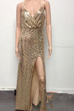 Gold Sequin Deep V-Neck Open-back Spaghetti Strap Side Slit Prom Dresses