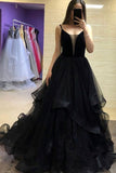 A Line Black Spaghetti Straps Evening Dresses Tulle Long Prom Dresses