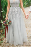 A-Line Grey Tulle with Lace Appliqued V-Neck Long Sleeveless Floor-Length Prom Dresses