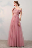 Chic A-Line Off-the-Shoulder Pink Appliques Lace-up Tulle Modest Long Prom Dresses