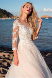 Tulle Scoop Neckline Pink A-line Lace Appliques Long Sleeves Bowknot Wedding Dresses