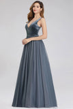 A-Line V-Neck Sleeveless Blue Floor-length Evening Dress Cheap Prom Dresses STK15055