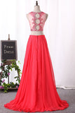 2024 Two Pieces Prom Dresses Chiffon V Neck A Line With Beads And Applique