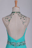 2024 Sexy Open Back High Neck With Beads And Ruffles Prom Dresses A PQ6X3HHX