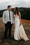 Princess Mermaid V Neck Lace Appliques Ivory Wedding Dresses, Straps V Back Wedding Gowns STK15300