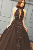 Sexy Ball Gown High Neck Black Tulle V Neck Sequins Party Dresses Prom STKPQC2HNL1