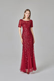 Elegant Mermaid Burgundy Tulle Prom Dresses Round Neck Long Evening Dresses STK15176