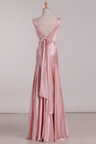 2024 A Line V Neck Bridesmaid Dresses Open Back Stretch Satin Floor PL88BPBN