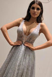 Chic A-Line Silver Backless V Neck Fashion Custom Unique Long Prom Dresses STK15130