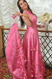 A-line Halter Light Plum Prom Dresses With Handmade Flowers, Open Back Evening Dresses STK15050