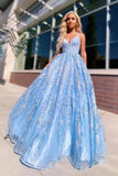 Flowy Ball Gown Light Blue Spaghetti Straps Prom Dresses, Lace Appliques Backless Prom Gowns STK15230