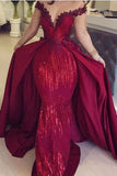 Mermaid Off the Shoulder Burgundy Long Sleeves V Neck Prom Dresses with Detachable Train STK15263