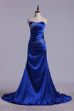 2024 Mermaid Strapless Dark Royal Blue Sweep Train Elastic Satin With Beadings Prom P5JQPBT3