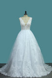 2024 A Line Lace V Neck Wedding Dresses With Applique Open Back P81HSPMH