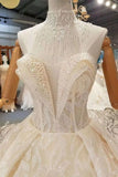 2024 Luxury Wedding Dresses Halter A-Line Lace Half Sleeves Open Back Cathedral Train Top PS5BQBT1