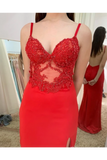 Illusion SweetHeart Neck Backless Spaghetti Red Prom Dresses With Sweep STKP7GFQPJ3