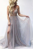 A Line Tulle V Neck Applqiues Prom Dresses With Slit, Spaghetti Straps Long Formal Dresses SRS15037