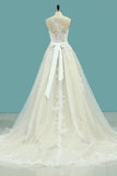 2024 Chapel Train Wedding Dresses Bateau Tulle With Applique And Sash A PKG4H3RE