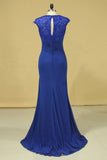 2024 Hot V Neck Mother Of The Bride Dresses Dark Royal Blue Sweep Train With Ruffle Cap P2FADJGP