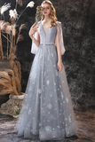 A-Line V-Neck Backless Grey Long Prom Dress With shawl