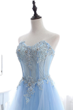 Off-the-Shoulder Backless Sky Blue Prom Dress with Appliques